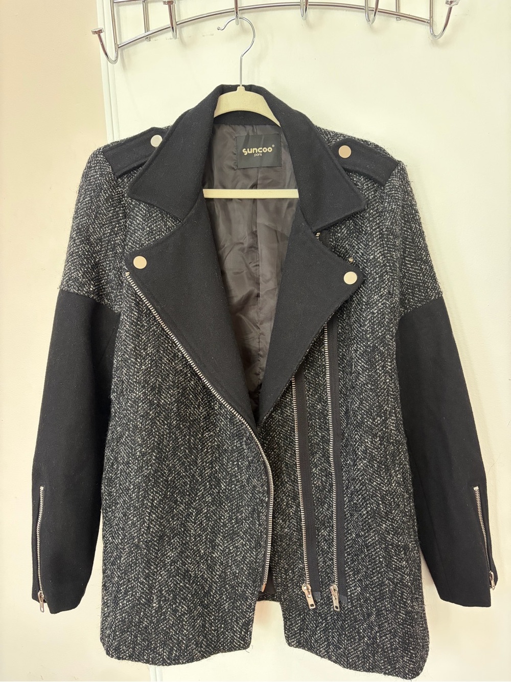 SUNCOO Black & Gray Tweed Moto Coat